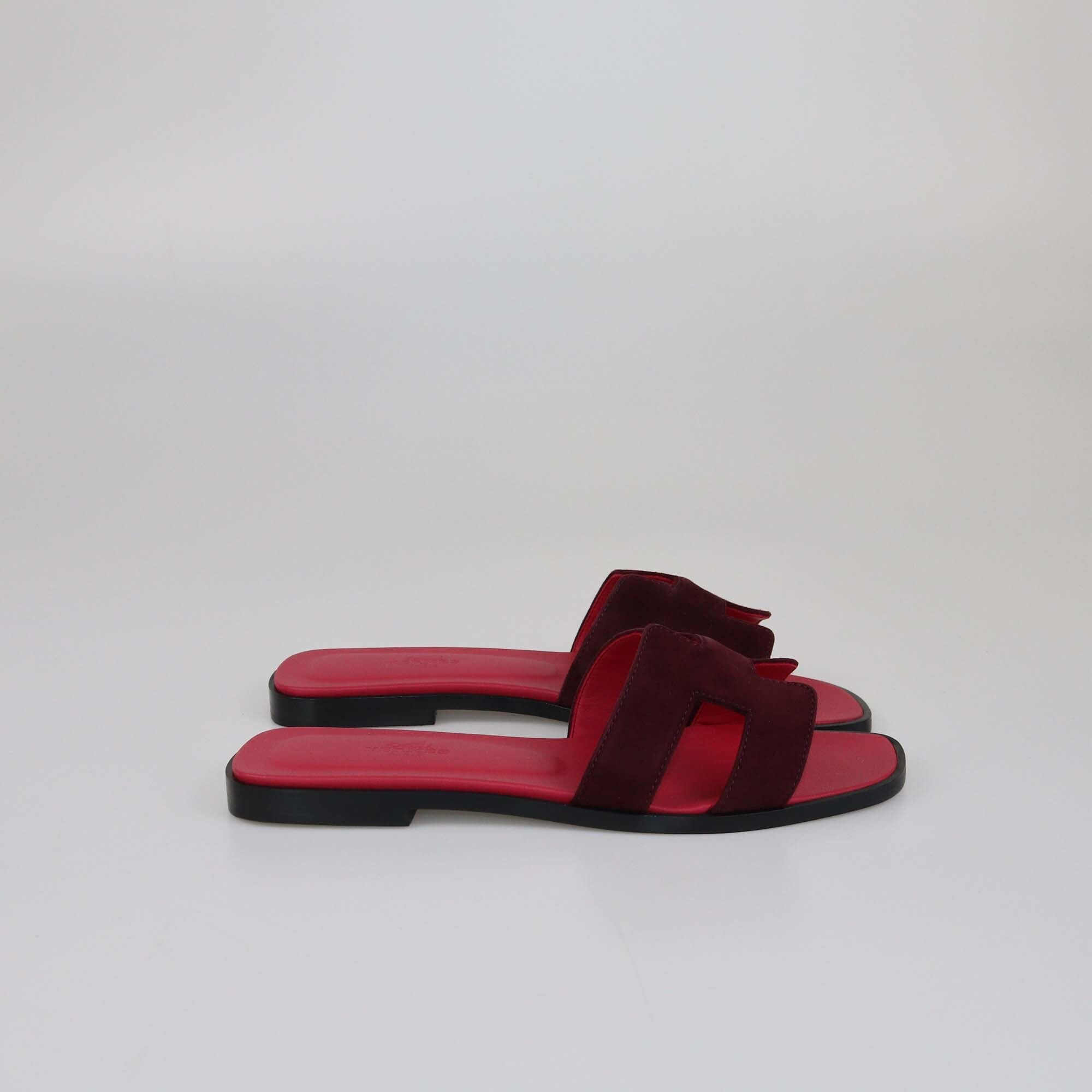 Hermes Rouge Marsala Oran Flat Sandals Womens Hermes 