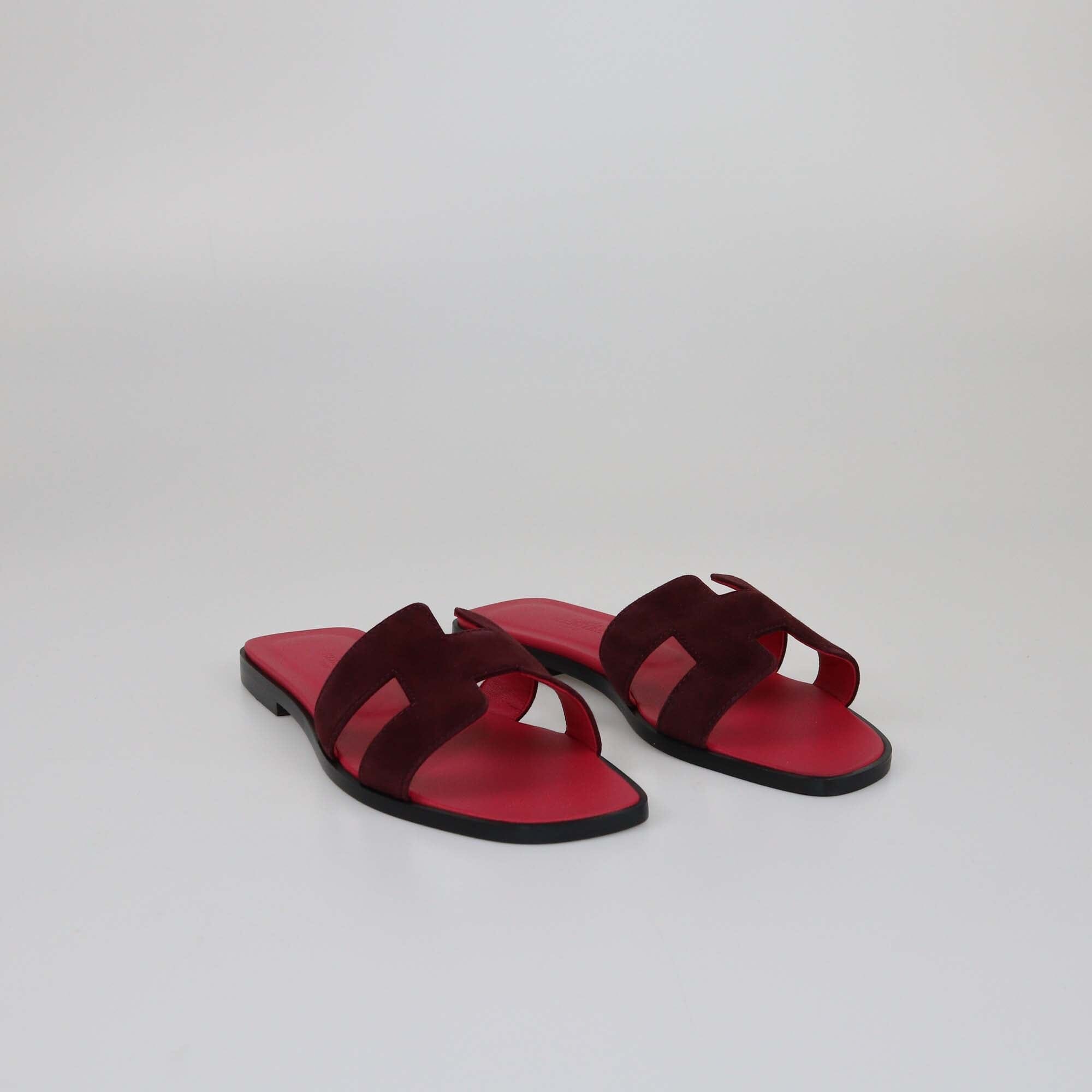 Hermes Rouge Marsala Oran Flat Sandals Womens Hermes 