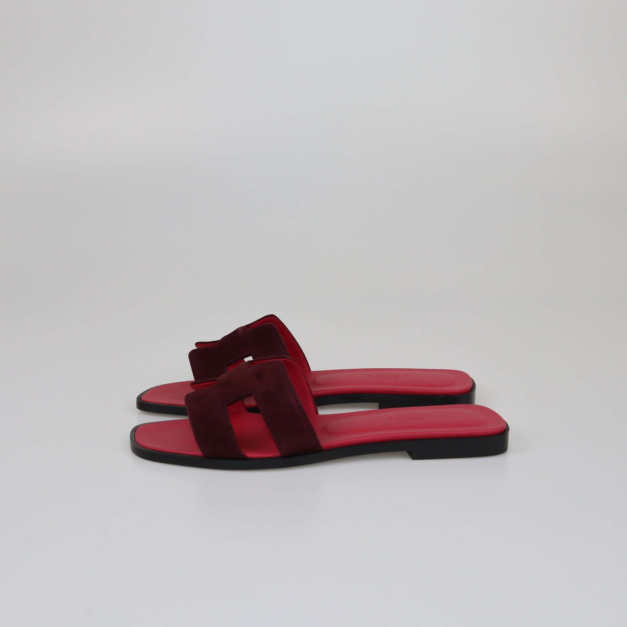 Hermes Rouge Marsala Oran Flat Sandals Womens Hermes 