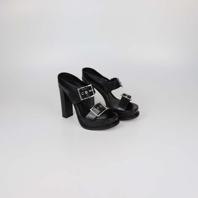 Alexander McQueen Black Leather Double Buckle Platform Sandals