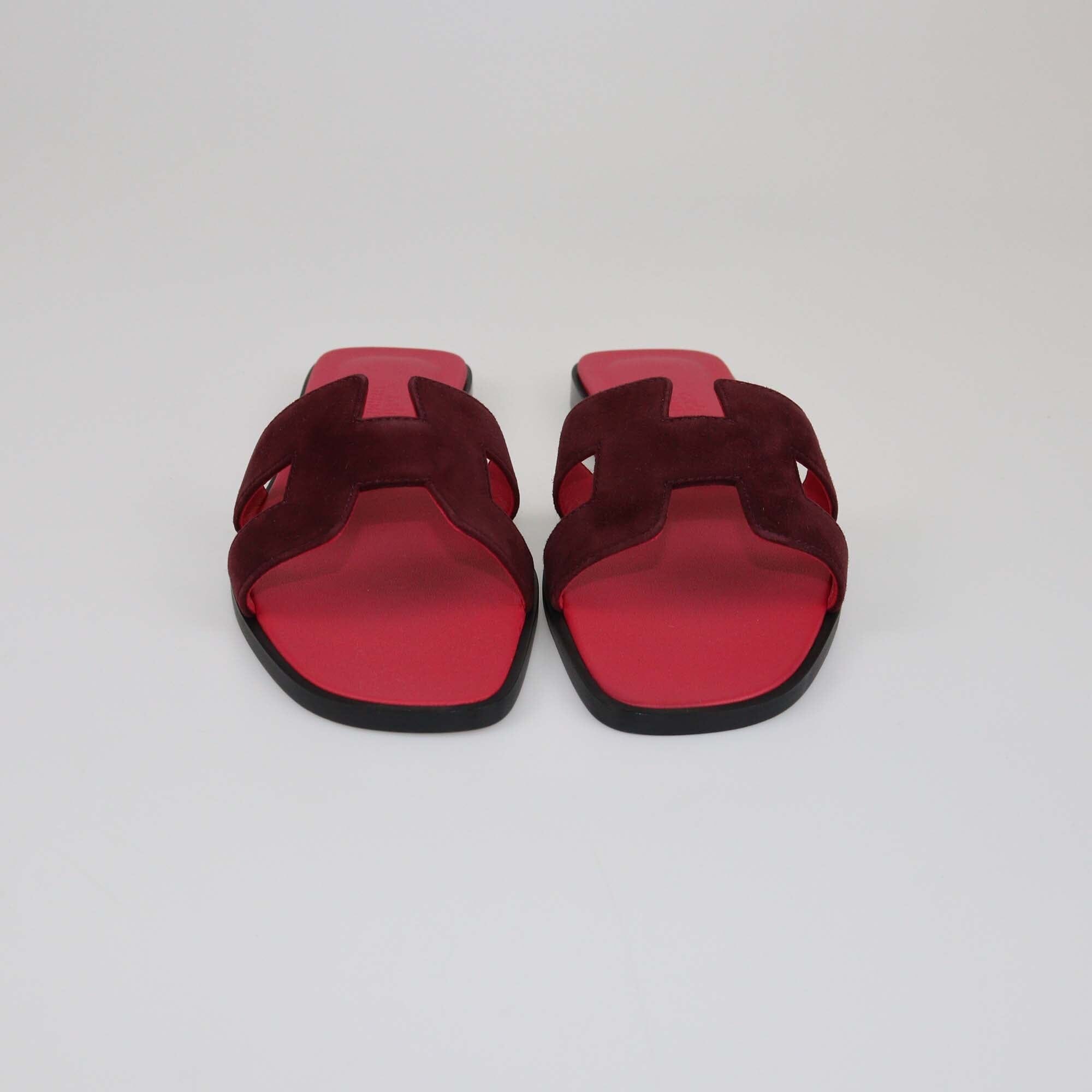 Hermes Rouge Marsala Oran Flat Sandals Womens Hermes 