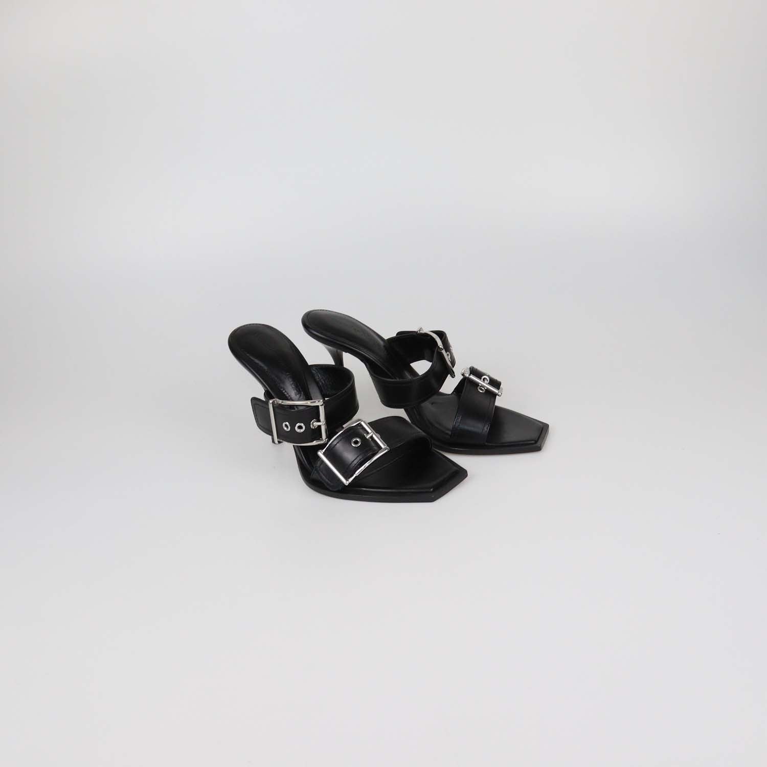 Alexander McQueen Black Leather Double Buckle Heeled Sandals