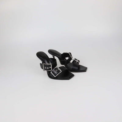 Alexander McQueen Black Leather Double Buckle Heeled Sandals
