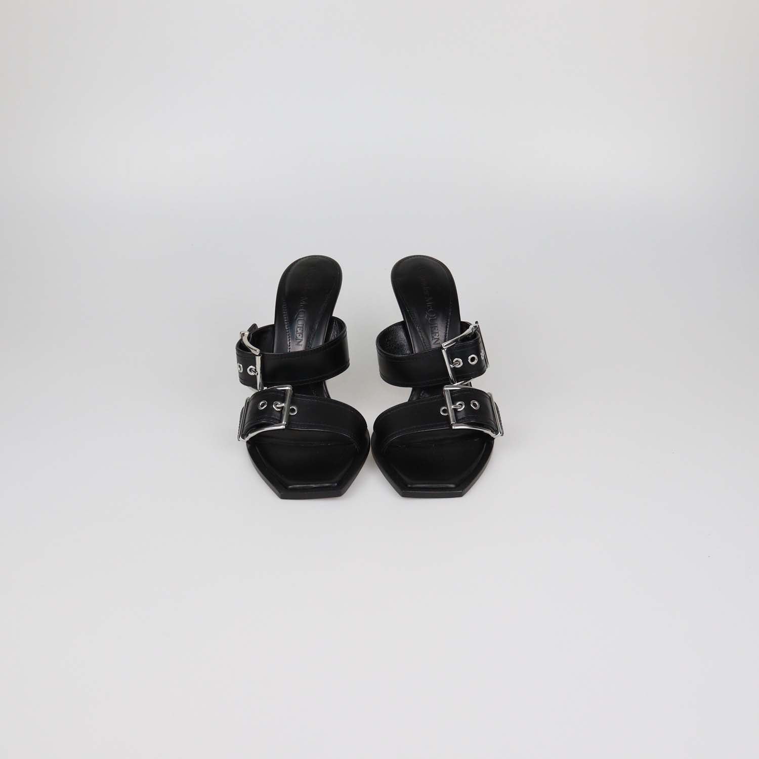 Alexander McQueen Black Leather Double Buckle Heeled Sandals
