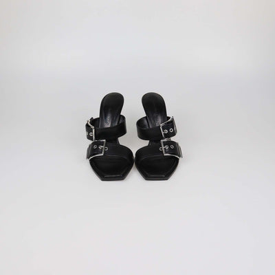 Alexander McQueen Black Leather Double Buckle Heeled Sandals