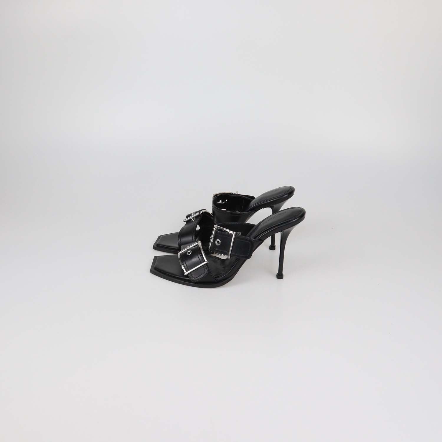 Alexander McQueen Black Leather Double Buckle Heeled Sandals