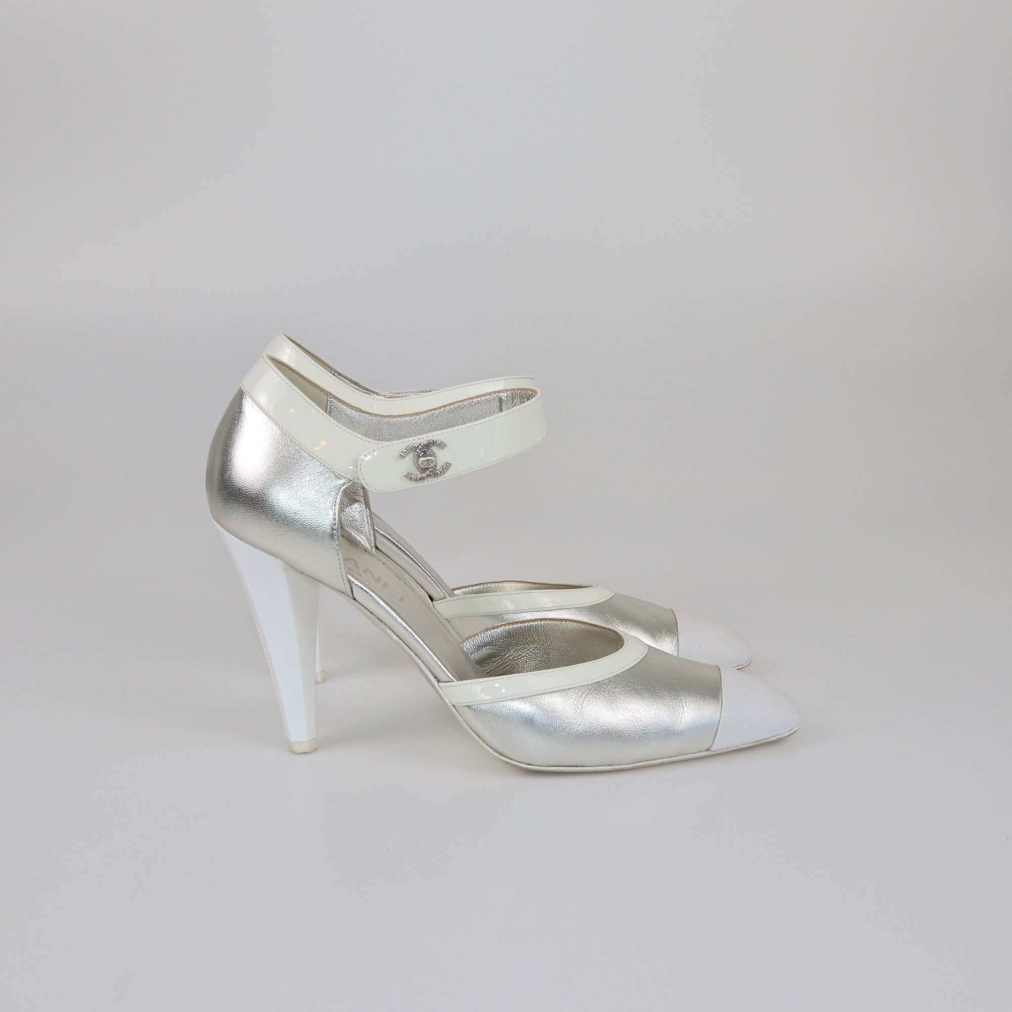 Chanel Silver/White Cap Toe Open Pumps Womens Chanel 