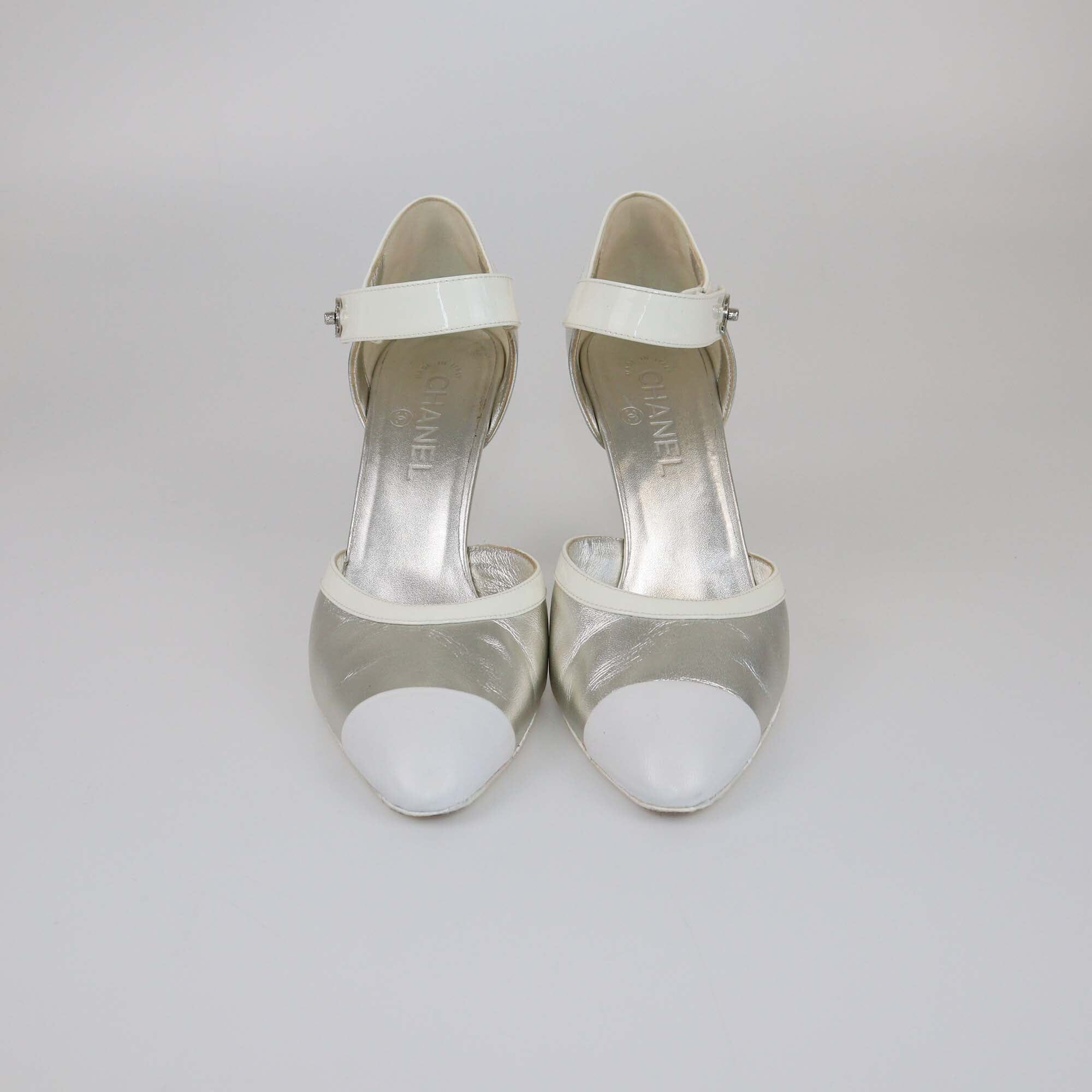 Chanel Silver/White Cap Toe Open Pumps Womens Chanel 