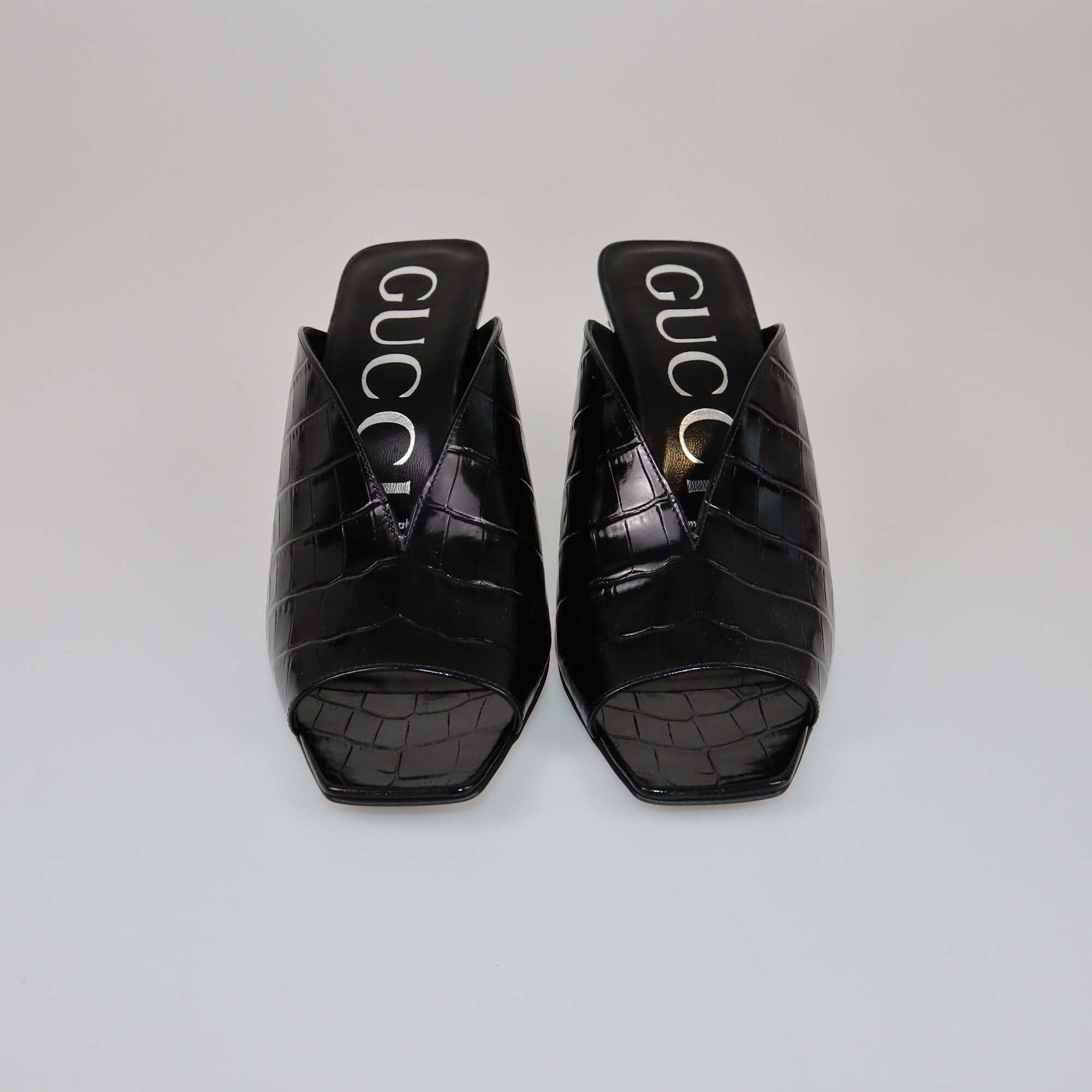 Gucci Black Shine Croc Embossed Pep Toe Mules Womens Gucci 