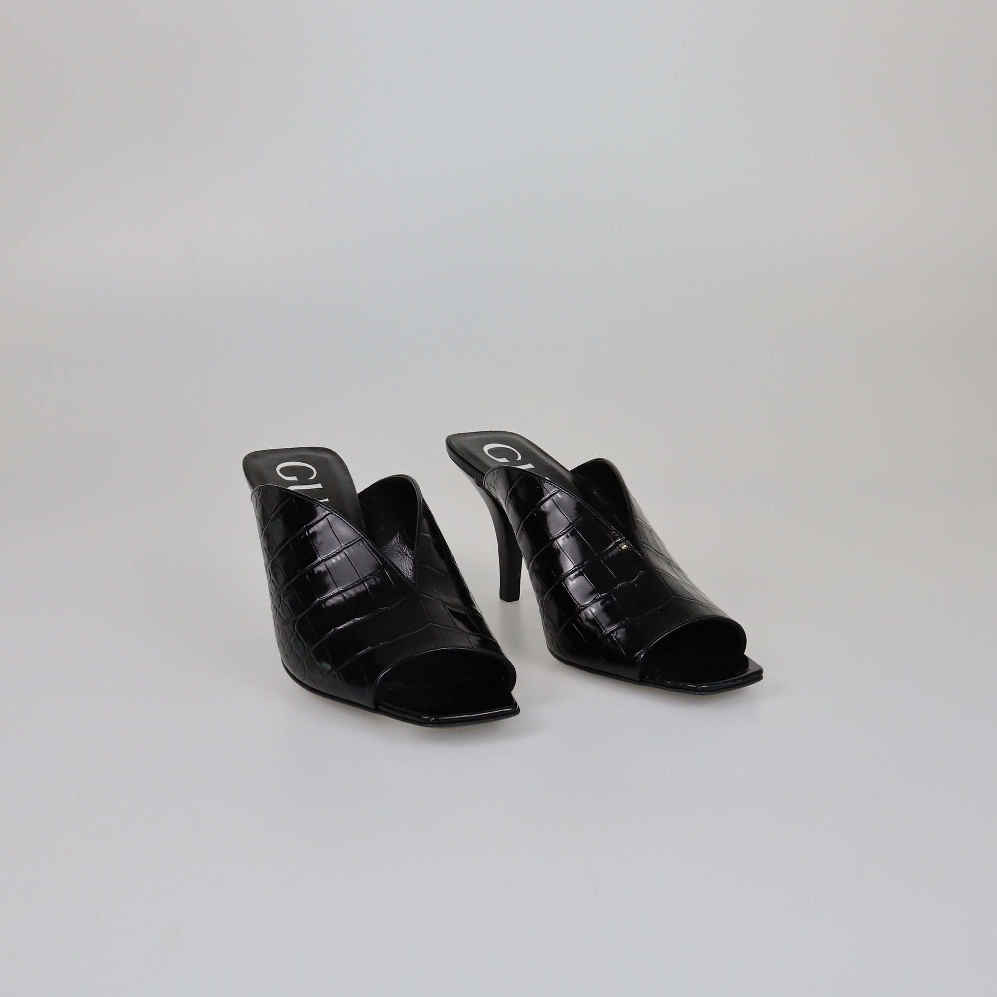 Gucci Black Shine Croc Embossed Pep Toe Mules Womens Gucci 