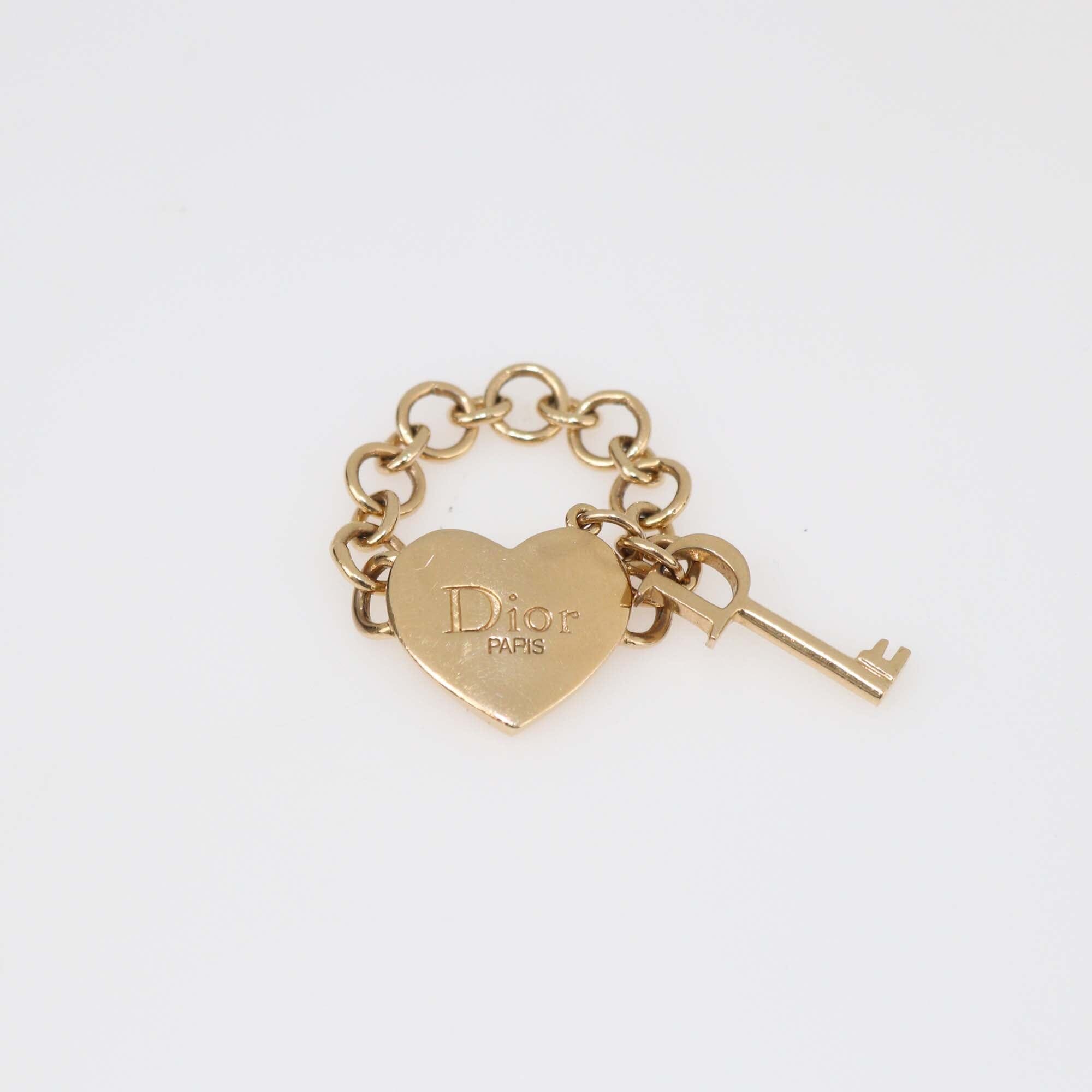 Christian Dior Yellow Gold Plated Heart And Key Chain Ring Size 7 Womens Christian Dior 