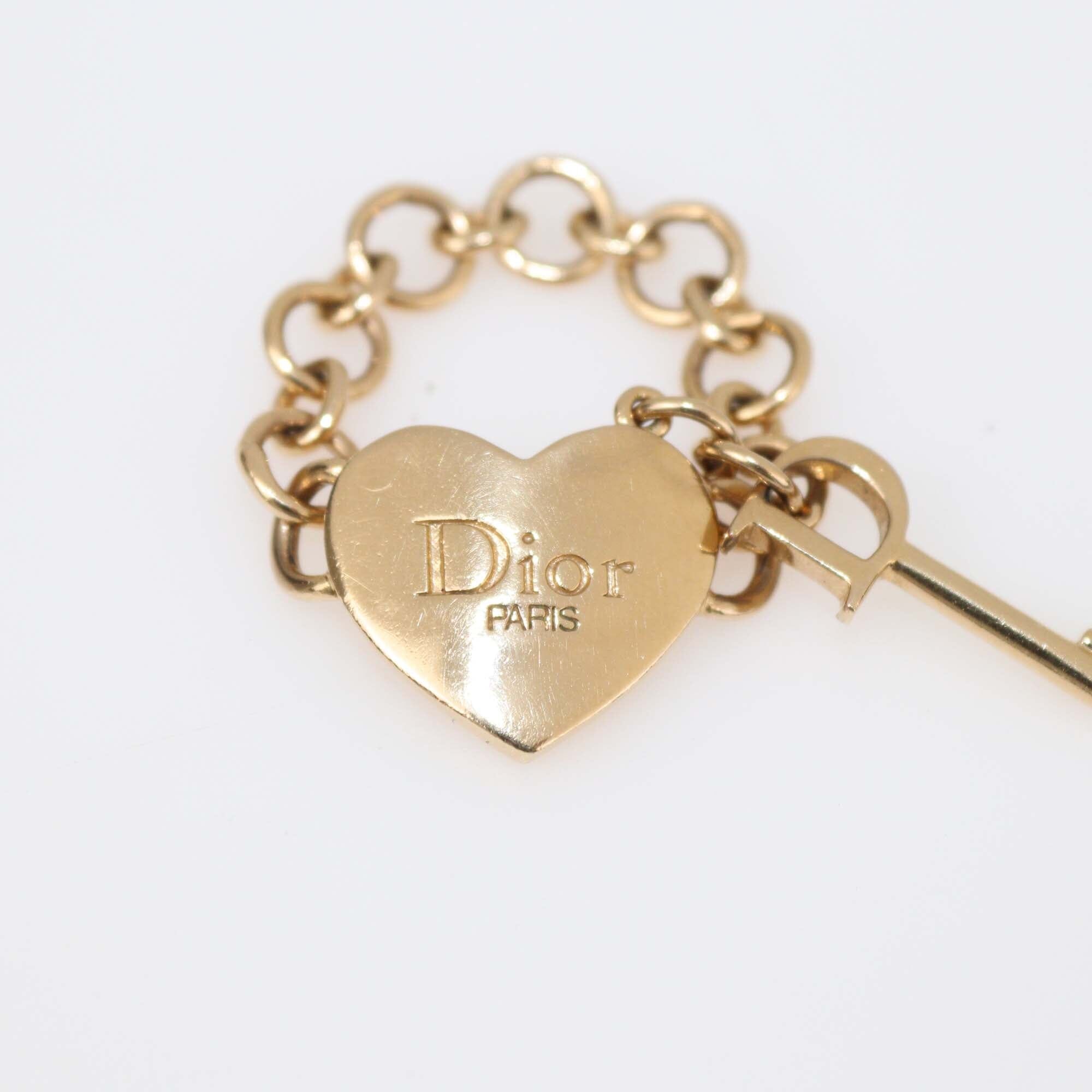 Christian Dior Yellow Gold Plated Heart And Key Chain Ring Size 7 Womens Christian Dior 