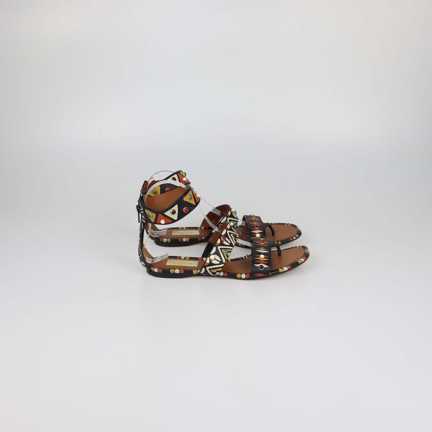 Valentino Black Leather Studded Tribal Flat Sandals