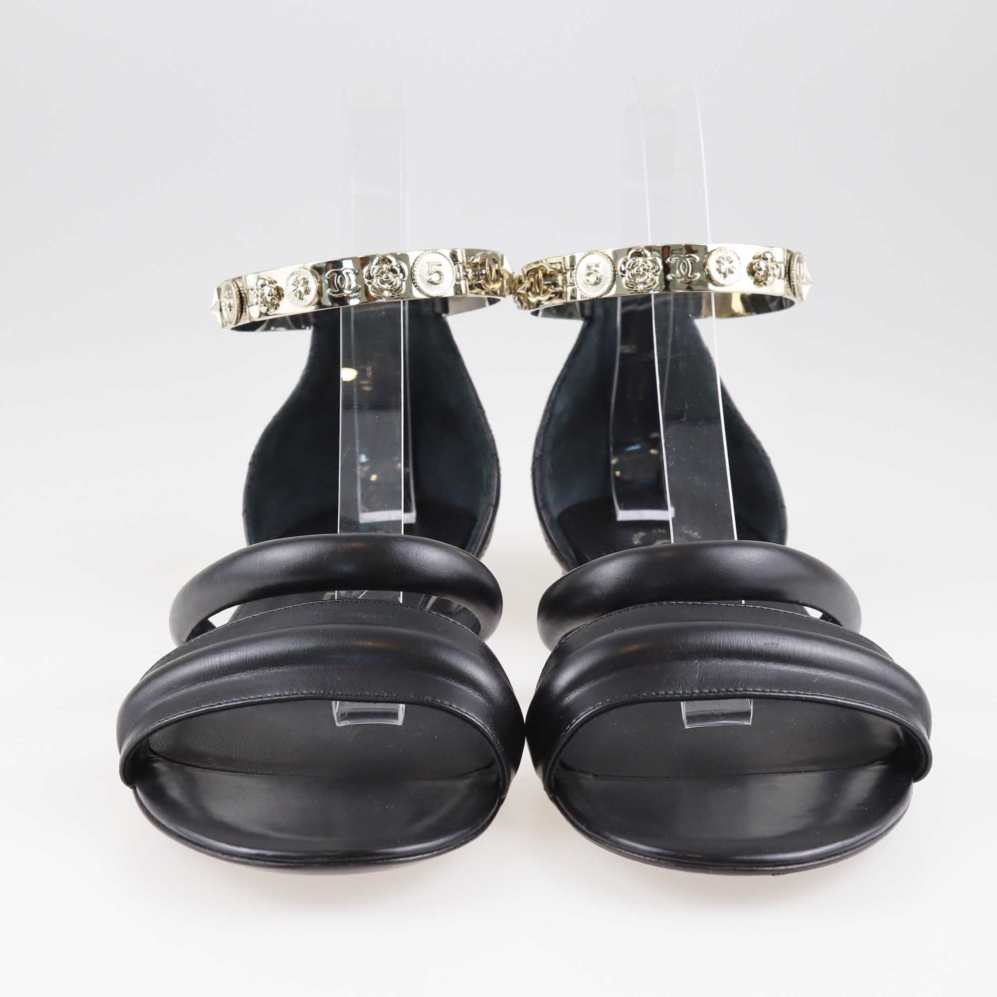 Chanel Black Quilted Embellished Ankle Cuff Flat Sandals Shoes Chanel 