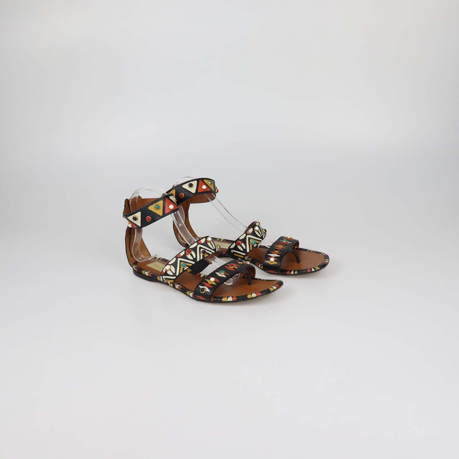 Valentino Black Leather Studded Tribal Flat Sandals