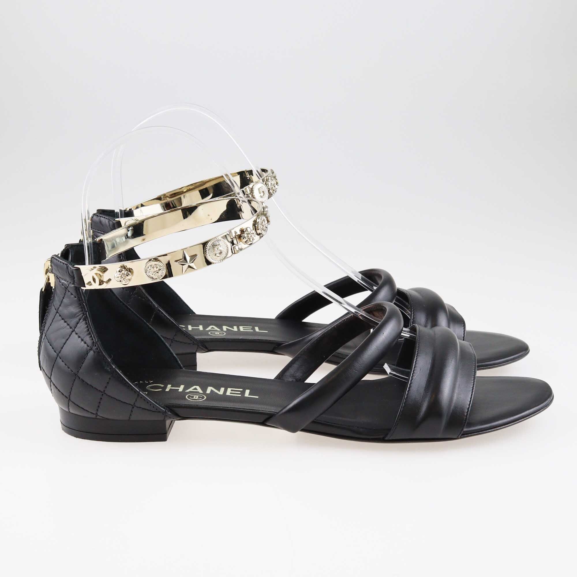 Chanel Black Quilted Embellished Ankle Cuff Flat Sandals Shoes Chanel 