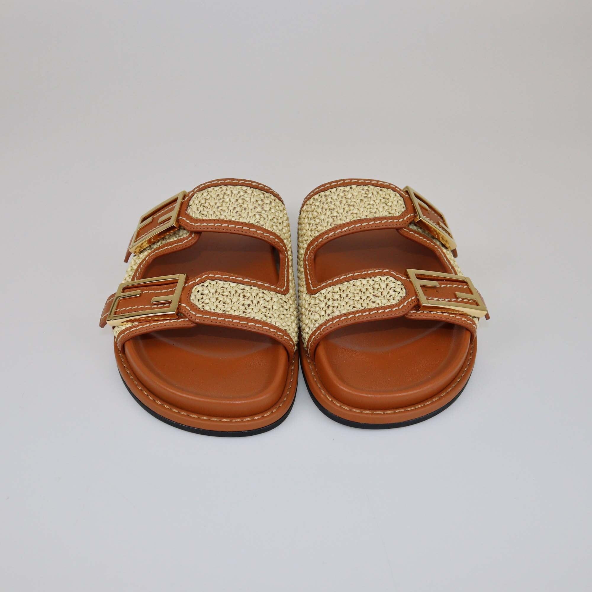 Fendi Brown/Natural Raffia FF Buckle Slides Womens Fendi 