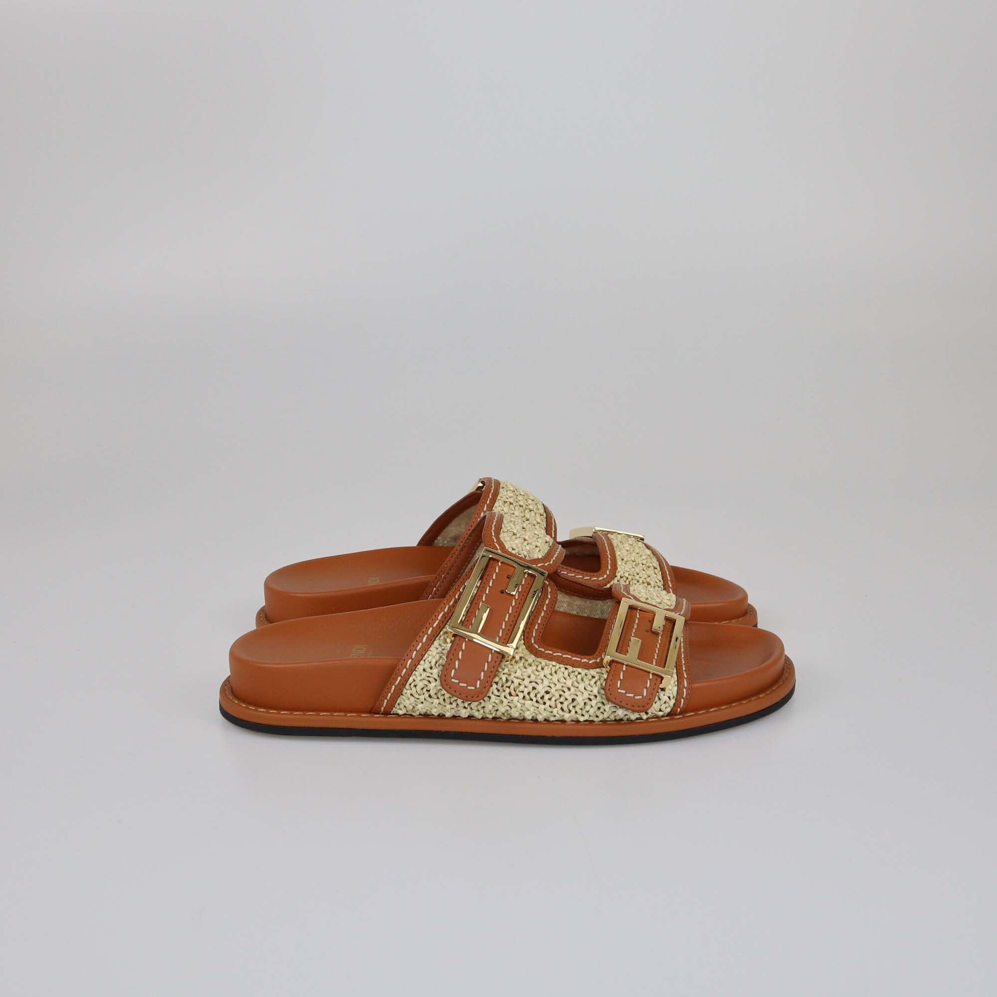 Fendi Brown/Natural Raffia FF Buckle Slides Womens Fendi 