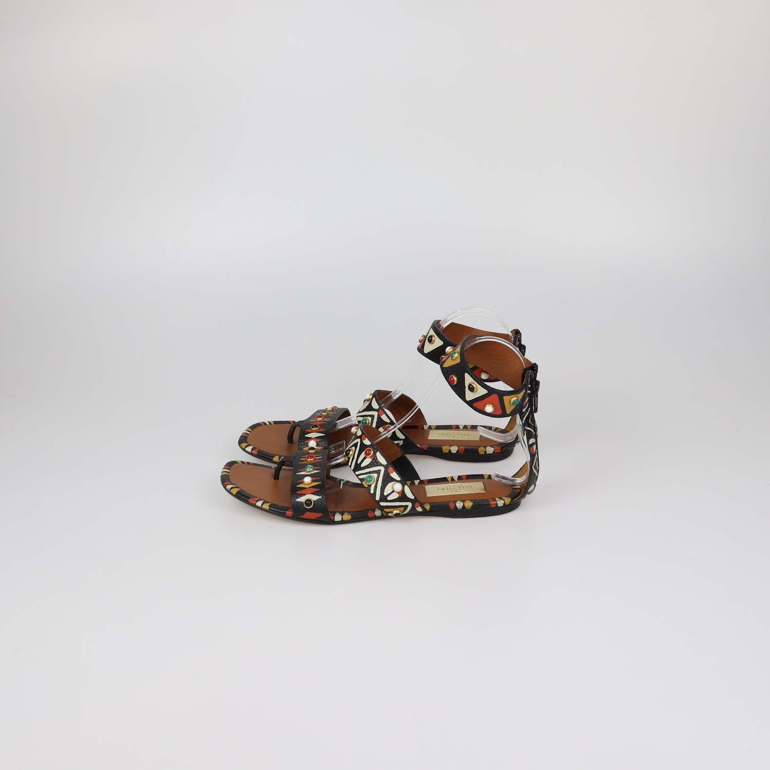 Valentino Black Leather Studded Tribal Flat Sandals