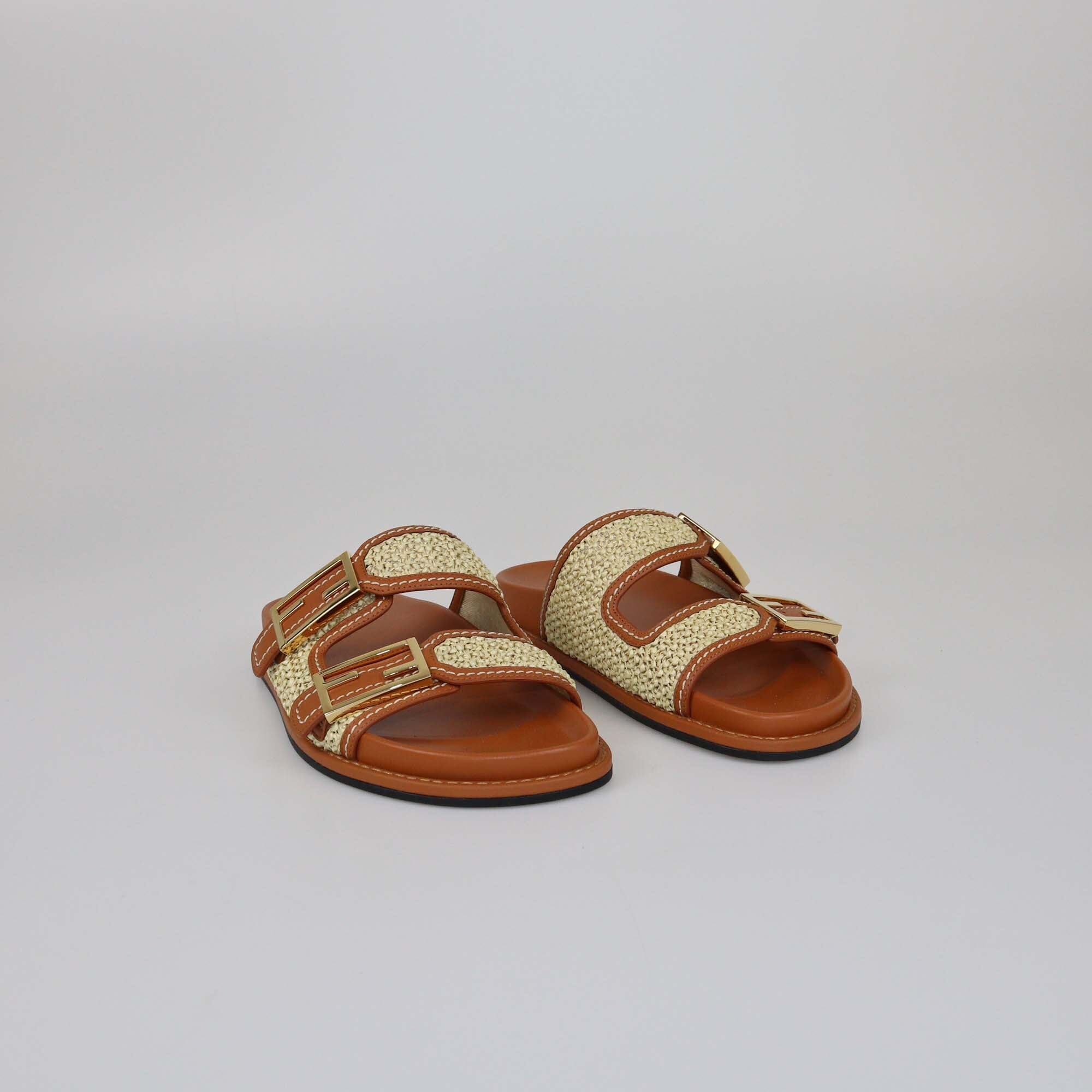 Fendi Brown/Natural Raffia FF Buckle Slides Womens Fendi 