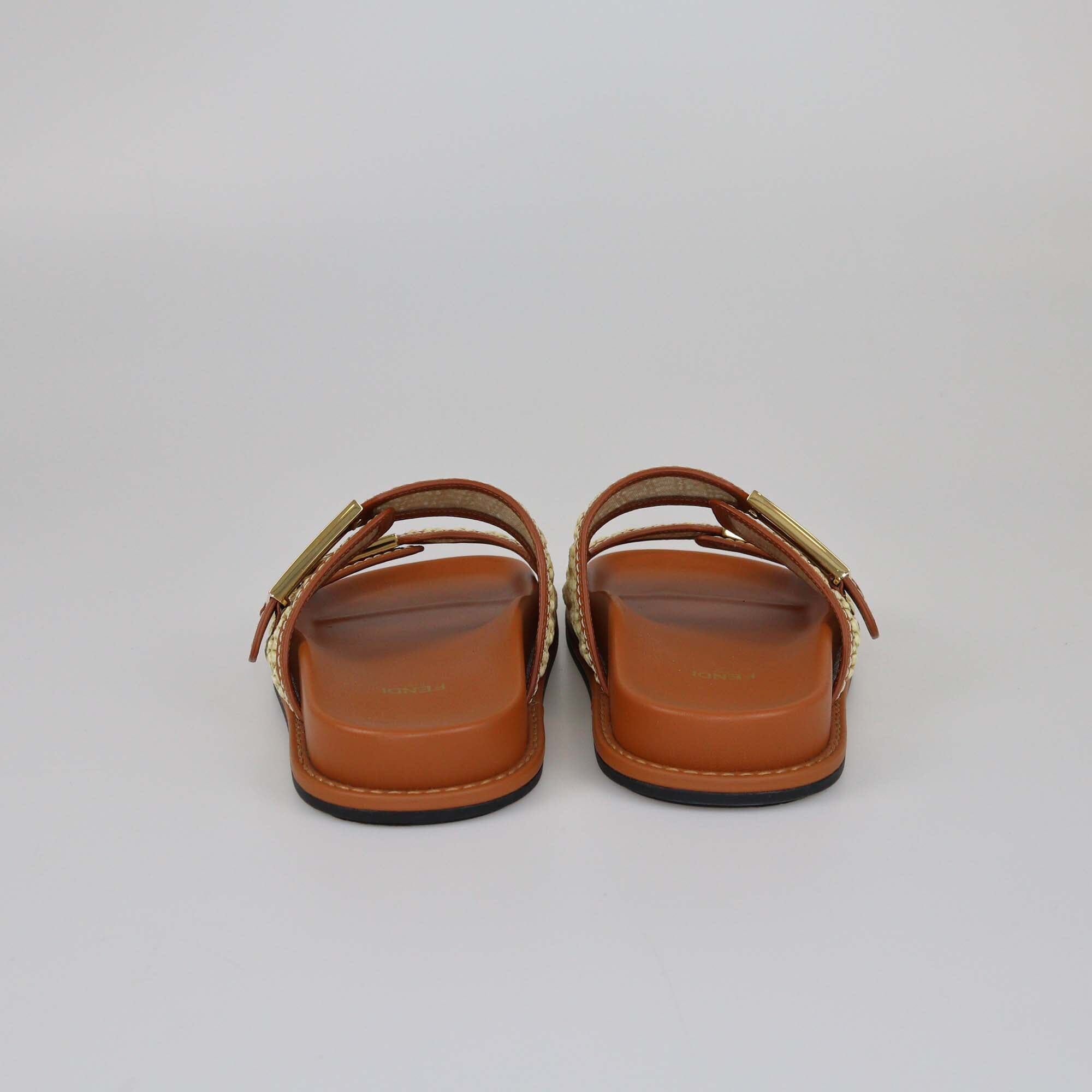 Fendi Brown/Natural Raffia FF Buckle Slides Womens Fendi 