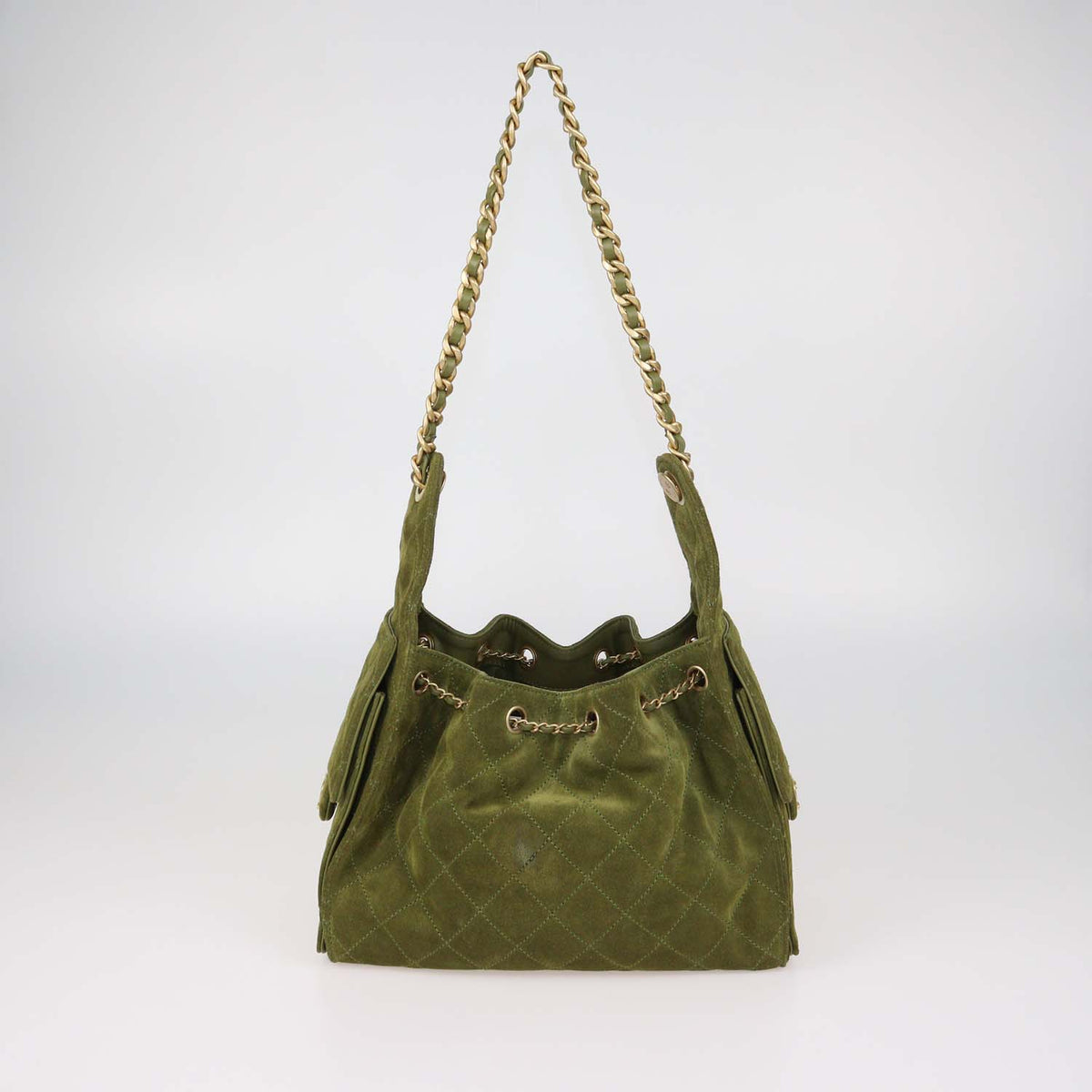 Chanel Khaki Quilted Suede Small 25 Hobo