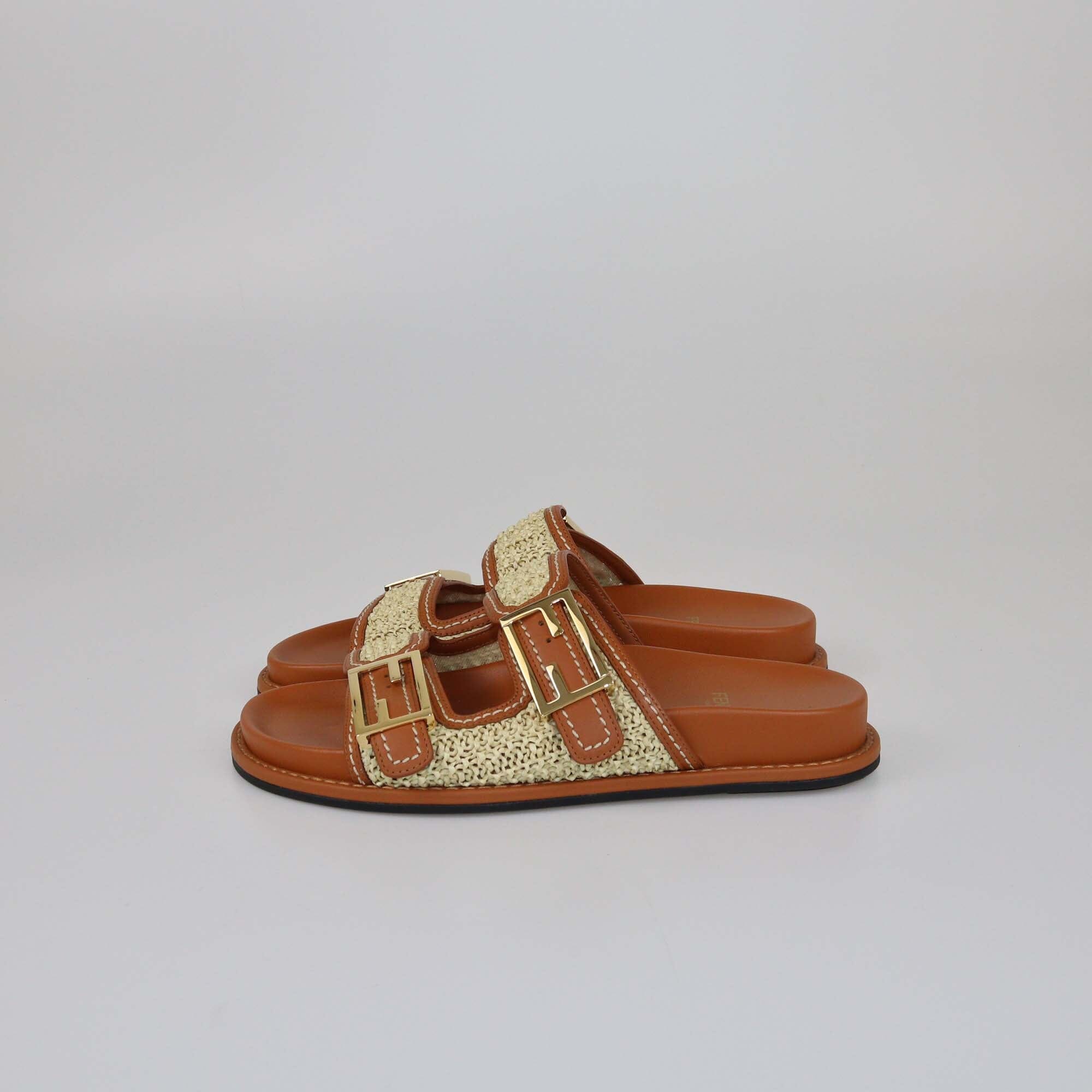 Fendi Brown/Natural Raffia FF Buckle Slides Womens Fendi 