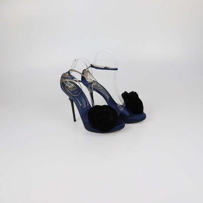 Roger Vivier Navy Blue/Black Satin Rose Velvet Applique Ankle Strap Platform Sandals