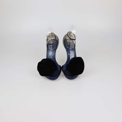 Roger Vivier Navy Blue/Black Satin Rose Velvet Applique Ankle Strap Platform Sandals