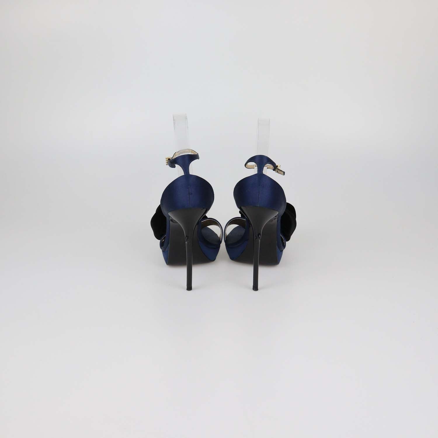 Roger Vivier Navy Blue/Black Satin Rose Velvet Applique Ankle Strap Platform Sandals