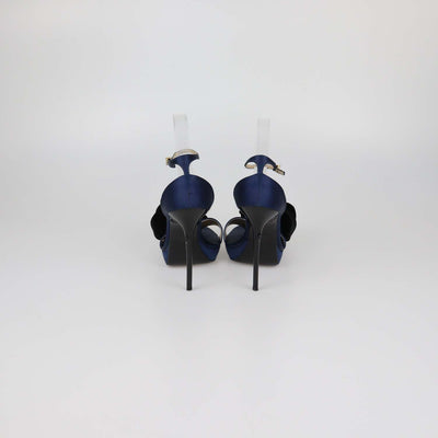 Roger Vivier Navy Blue/Black Satin Rose Velvet Applique Ankle Strap Platform Sandals