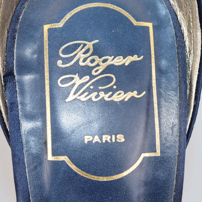 Roger Vivier Navy Blue/Black Satin Rose Velvet Applique Ankle Strap Platform Sandals