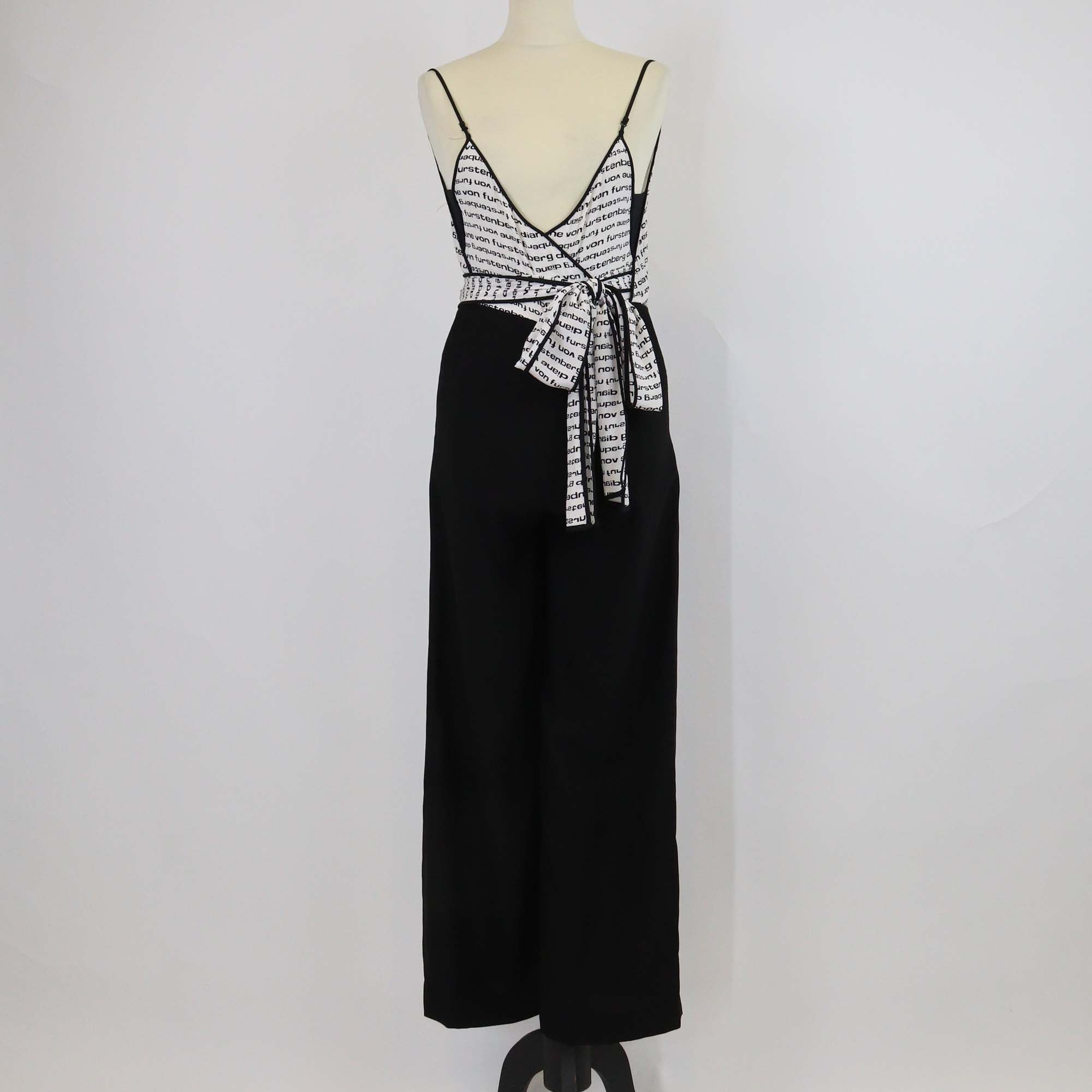 Diane Von Furstenberg Black/White Polyester & Silk Logo Printed Wrap Top Jumpsuit