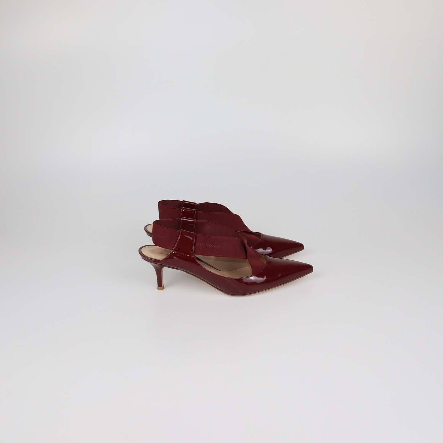 Gianvito Rossi Dark Red Patent Leather Crisscross Elastic Strap Pointed Toe Pumps
