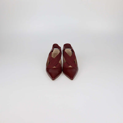 Gianvito Rossi Dark Red Patent Leather Crisscross Elastic Strap Pointed Toe Pumps