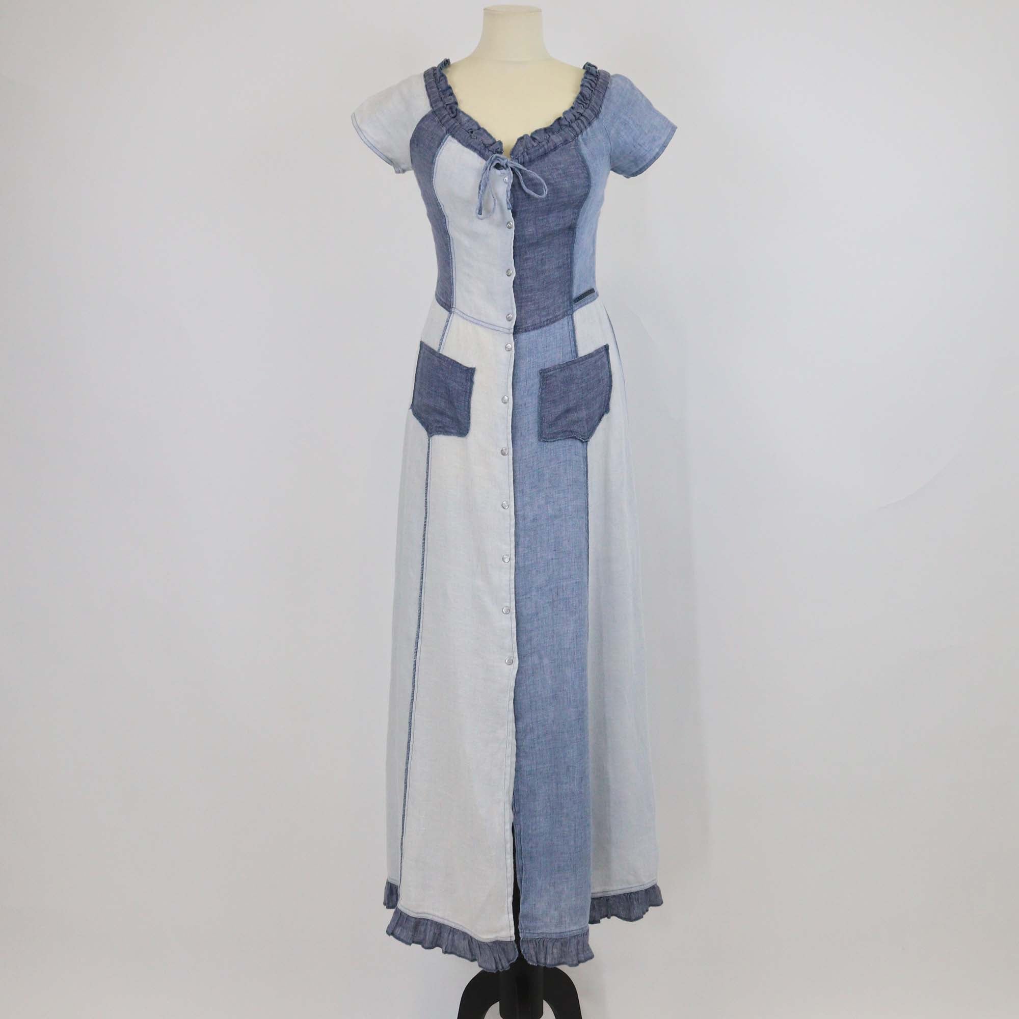 Kenzo Blue Linen Patchwork & Ruffled Button Midi Dress