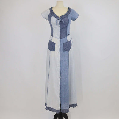 Kenzo Blue Linen Patchwork & Ruffled Button Midi Dress