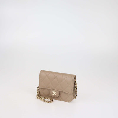Chanel Beige Quilted Caviar Leather Card Holder on Chain