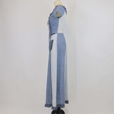 Kenzo Blue Linen Patchwork & Ruffled Button Midi Dress