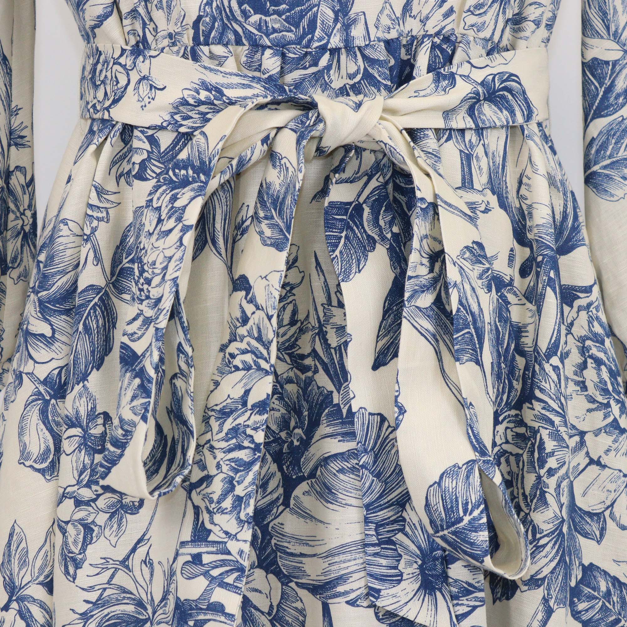 Weekend MaxMara Light Beige/Blue Linen & Cotton Floral Print Belted Midi Dress