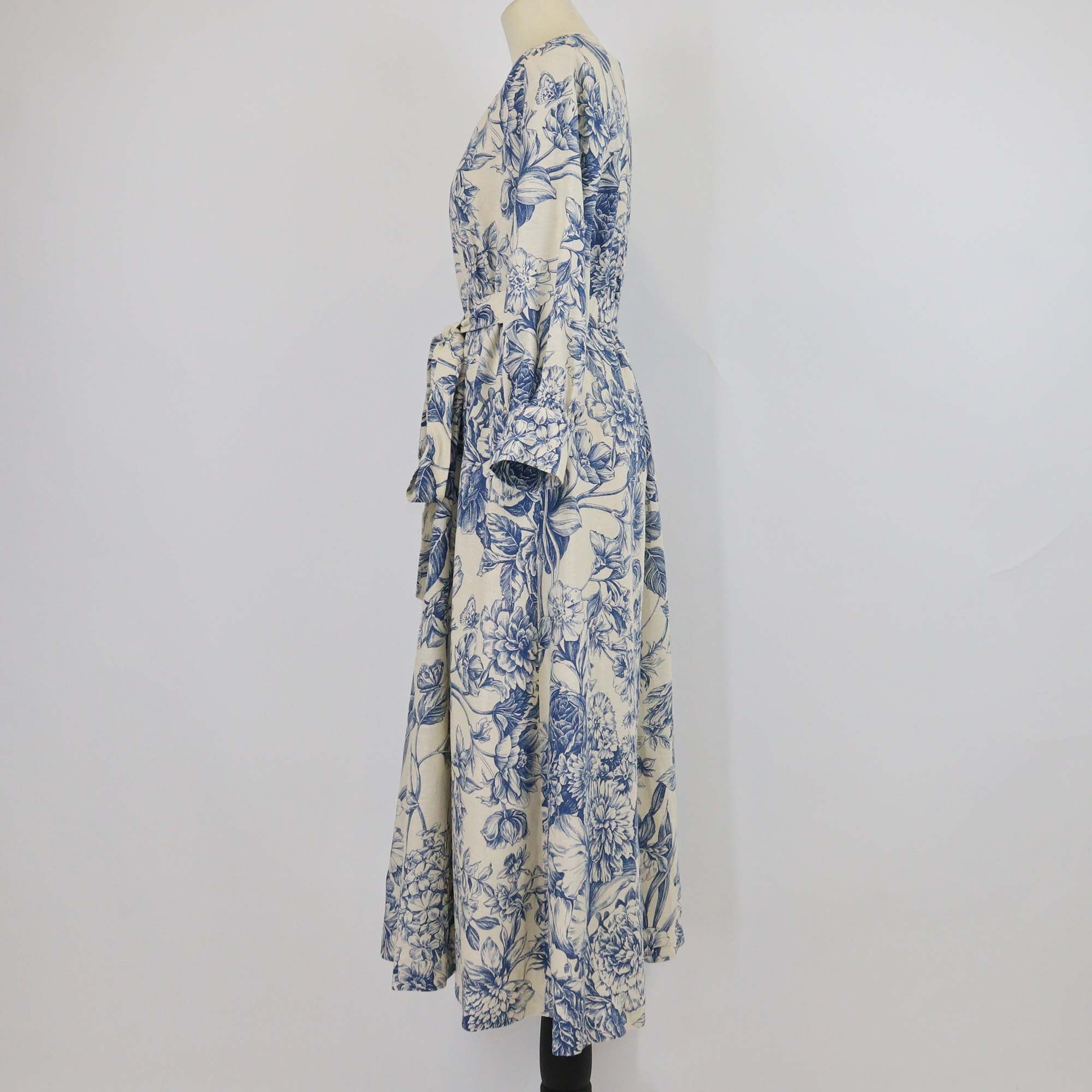 Weekend MaxMara Light Beige/Blue Linen & Cotton Floral Print Belted Midi Dress