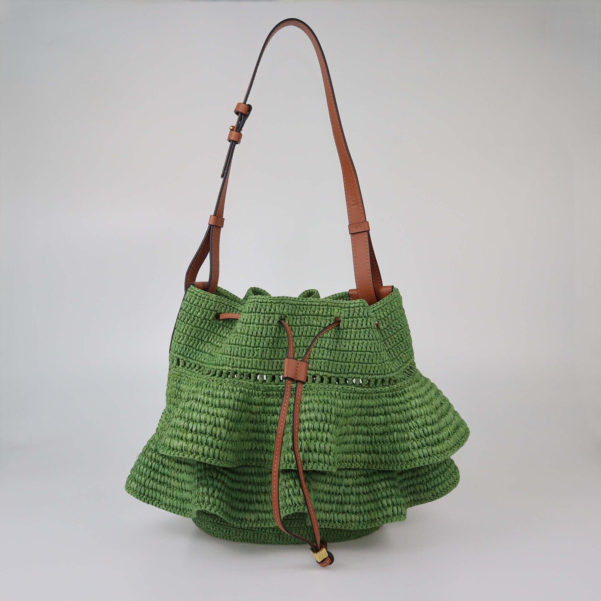 Loewe Green Raffia Ruffle Balloon Bucket Bag Womens Loewe 