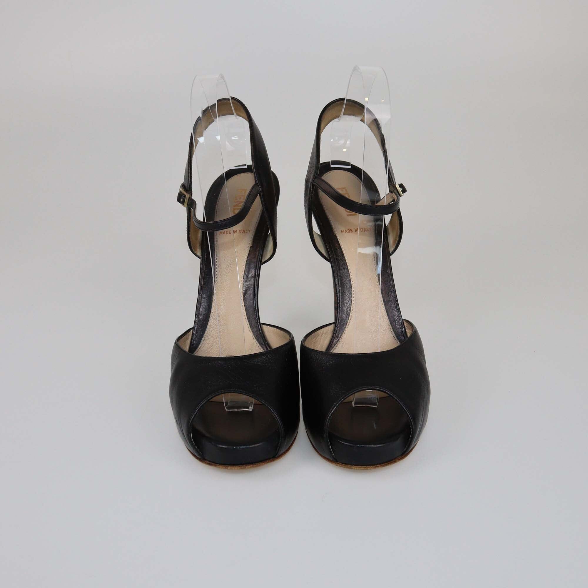 Fendi Black FF Peep Toe Ankle Strap Platform Sandals Womens Fendi 