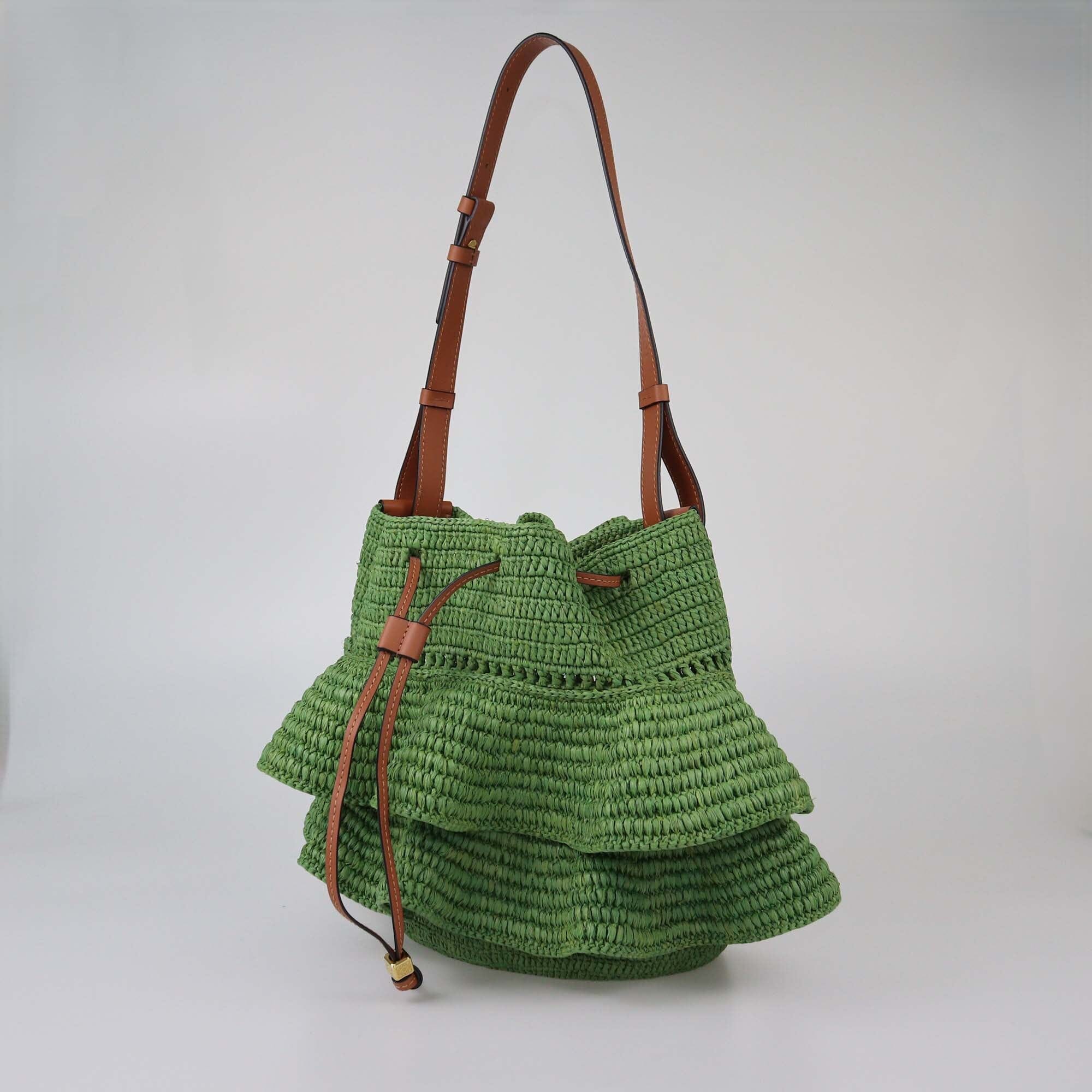 Loewe Green Raffia Ruffle Balloon Bucket Bag Womens Loewe 