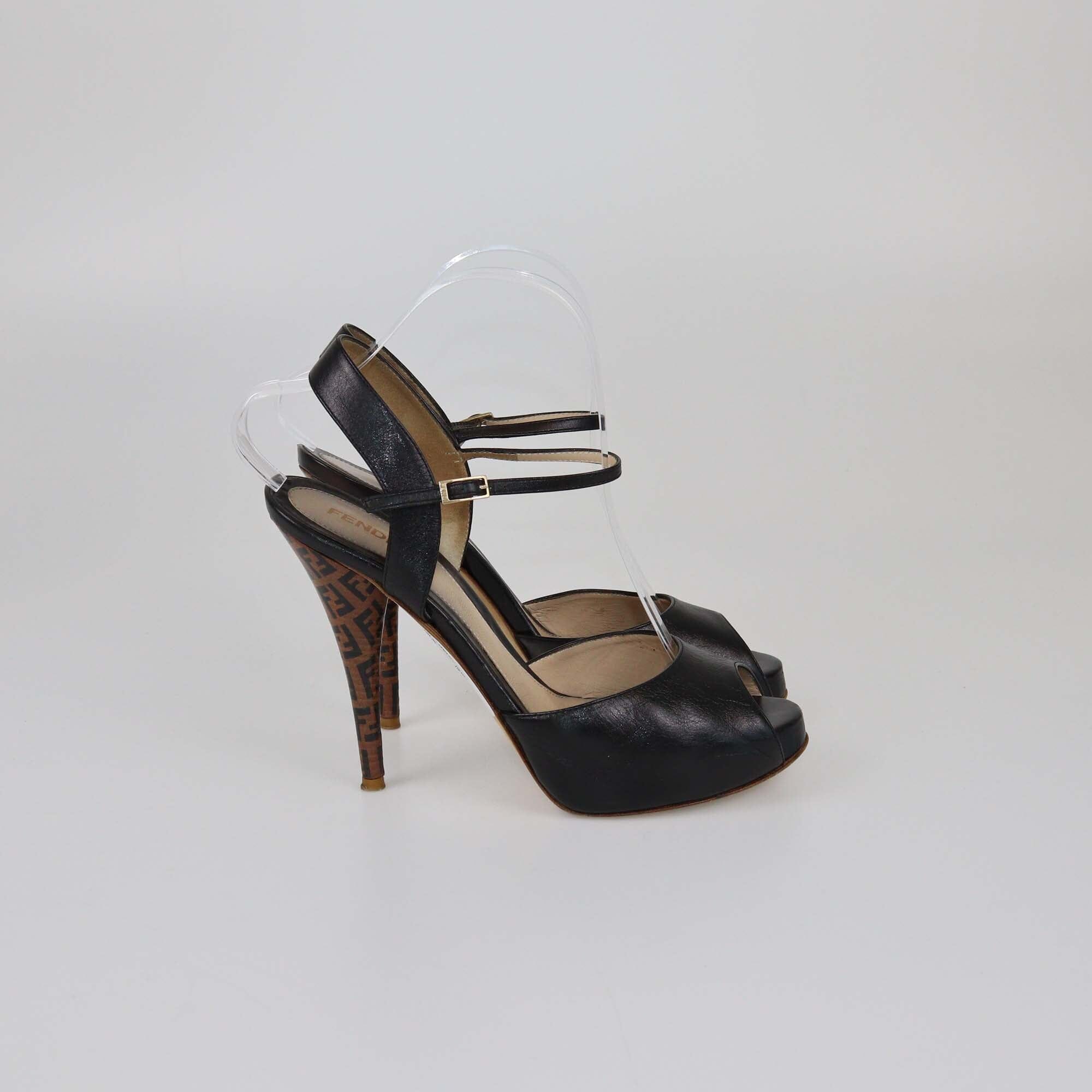 Fendi Black FF Peep Toe Ankle Strap Platform Sandals Womens Fendi 