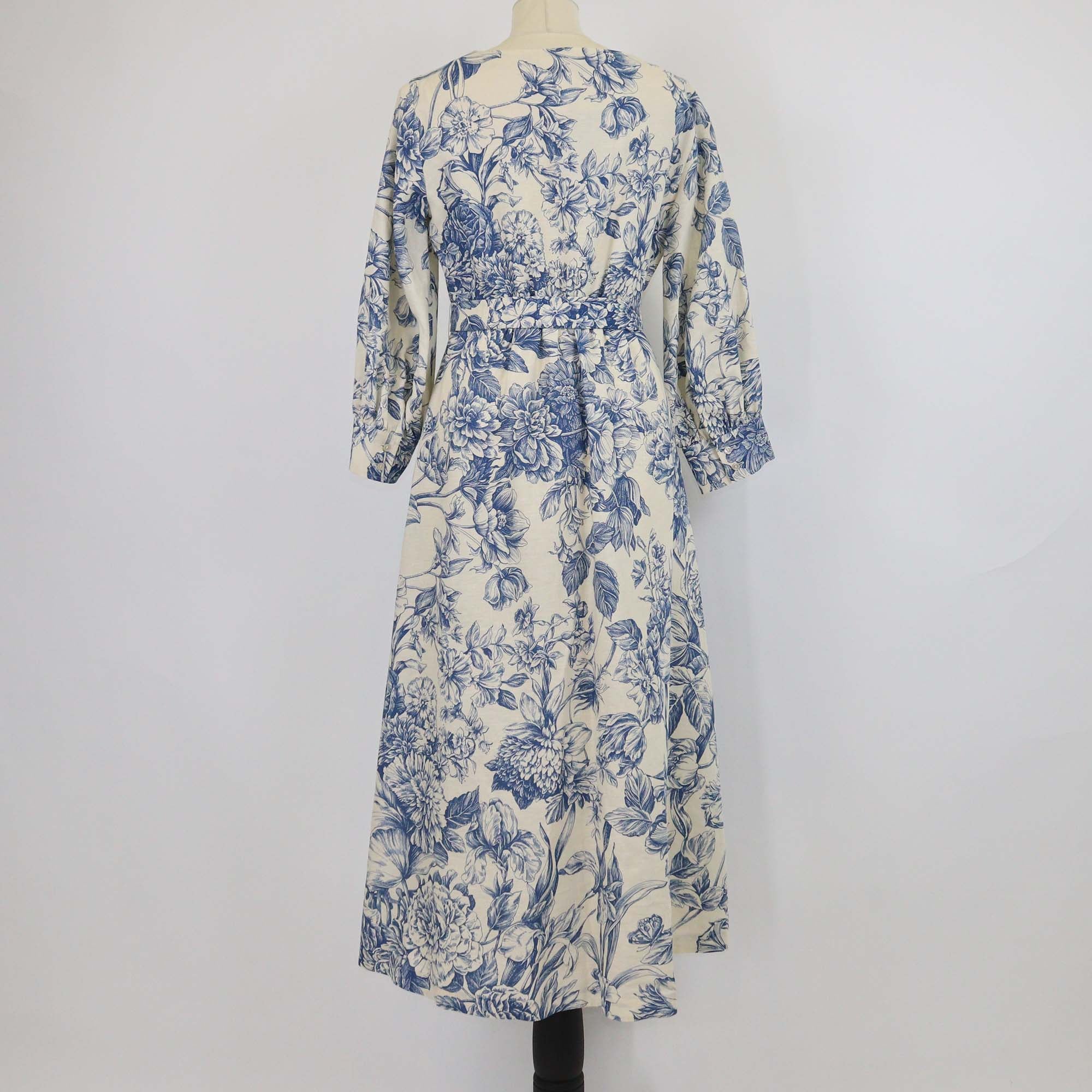 Weekend MaxMara Light Beige/Blue Linen & Cotton Floral Print Belted Midi Dress