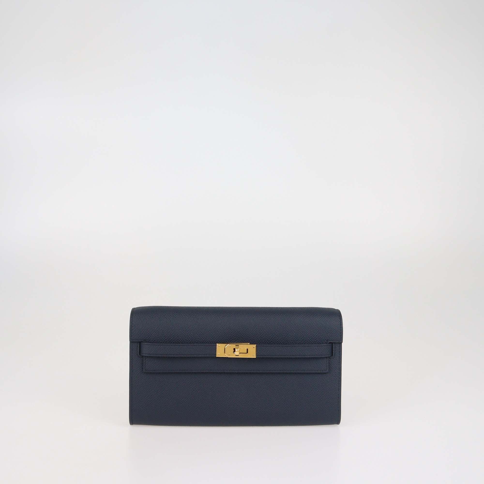 Hermes Indigo Epsom Leather Kelly Classique Wallet w/ Maxi Quadrille 25mm Togo PHW Bag Strap