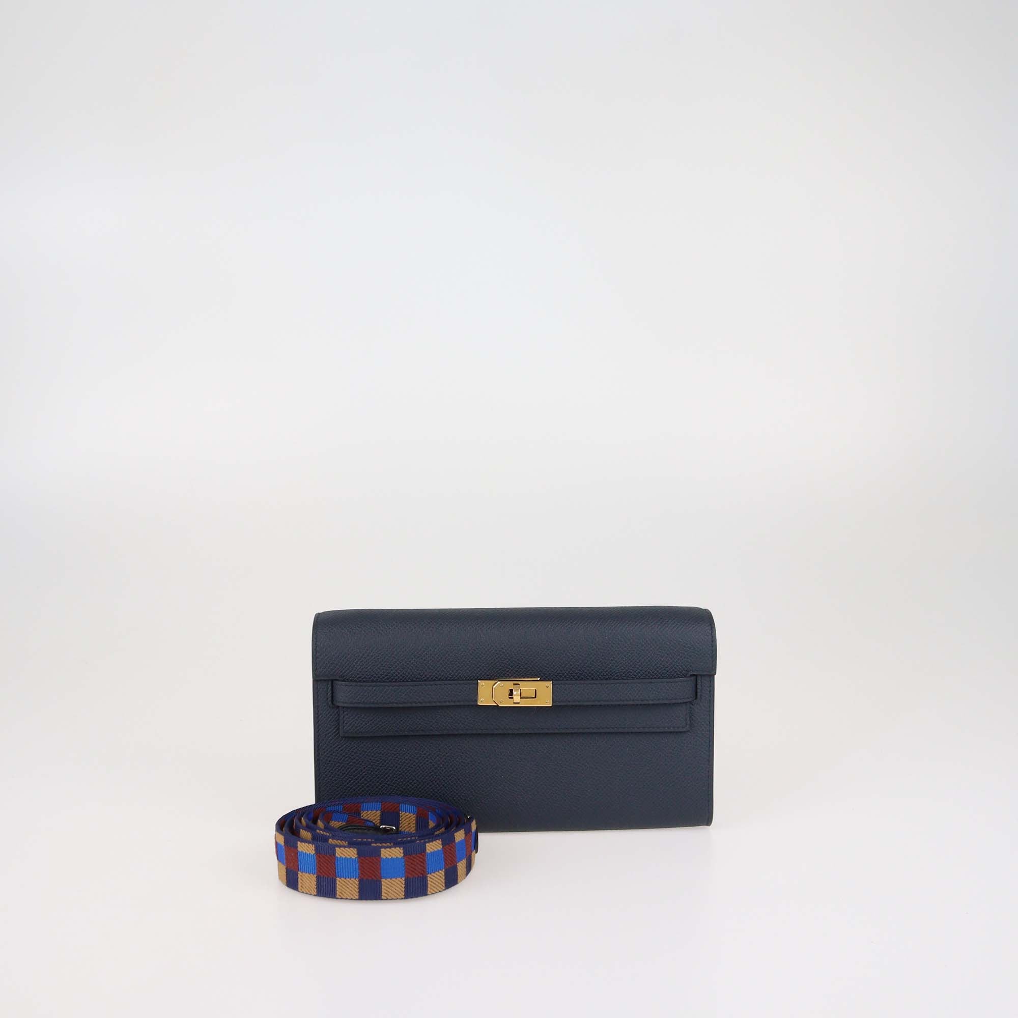 Hermes Indigo Epsom Leather Kelly Classique Wallet w/ Maxi Quadrille 25mm Togo PHW Bag Strap