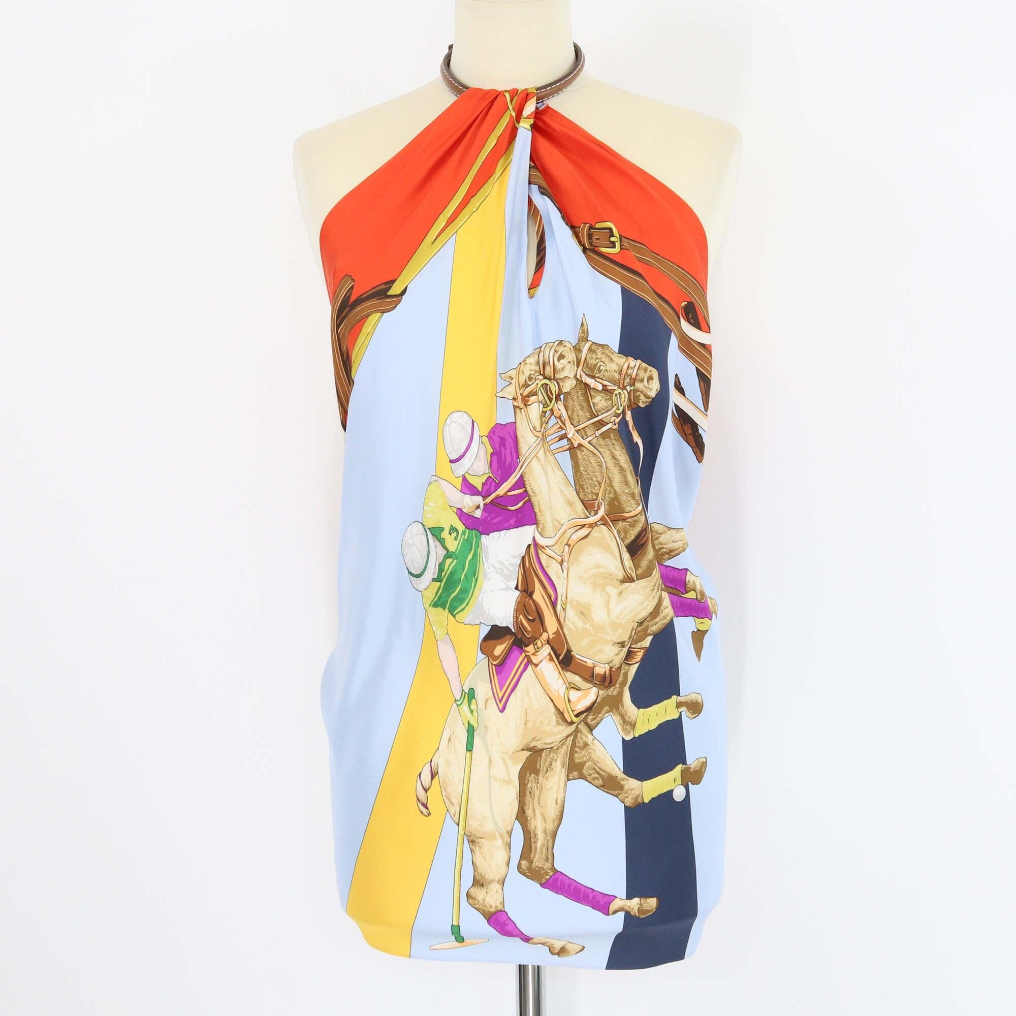 Ralph Lauren Multicolor Silk Printed Belting Jockey Neck Equestrian Top Womens Ralph Lauren 