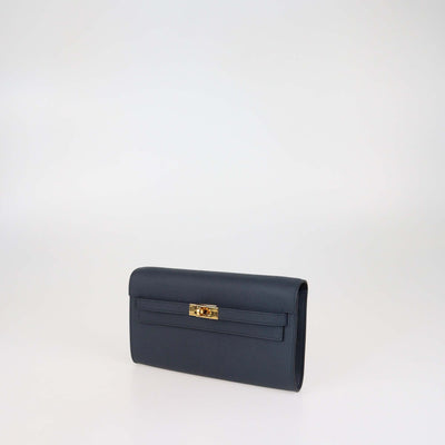 Hermes Indigo Epsom Leather Kelly Classique Wallet w/ Maxi Quadrille 25mm Togo PHW Bag Strap